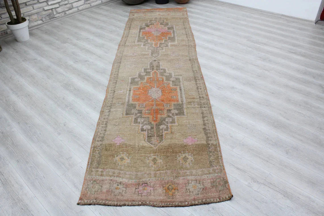 Turkish Vintage Runner Rug 373cm x 96cm Geometric Pattern