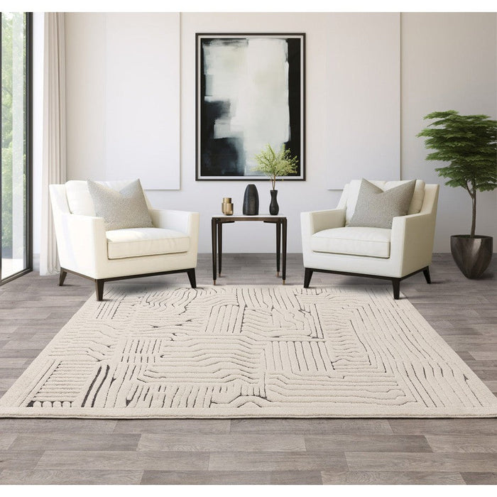 Valley Route Scandinavian Carved 3D Hi-Low Flatweave Ivory/Charcoal Grey/Cream/White Rug