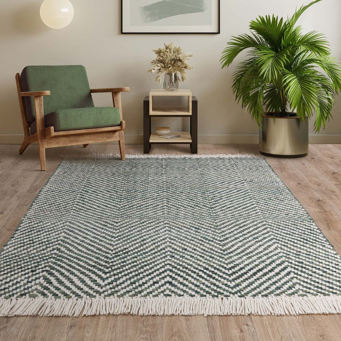 Vigo Modern Geometric Zig Zag Käsinkudottu Juuttisekoitus Pehmeä Touch Boho Flatweave Vihreä/Kermanvärinen matto