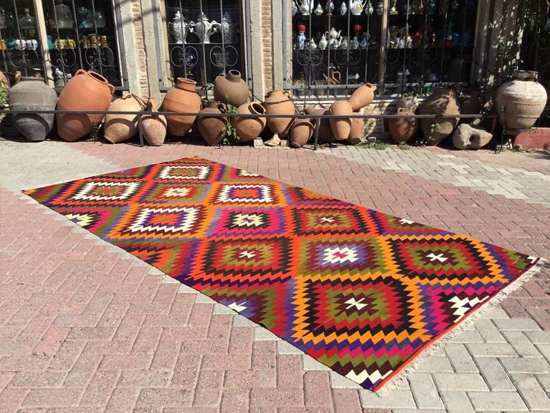 Vintage 340cm x 168cm Kilim-matto Länsi-Turkista