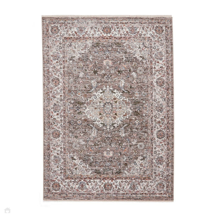 Tappeto grigio soft-touch vintage 35013 tradizionale invecchiato Kashan con medaglione e bordo