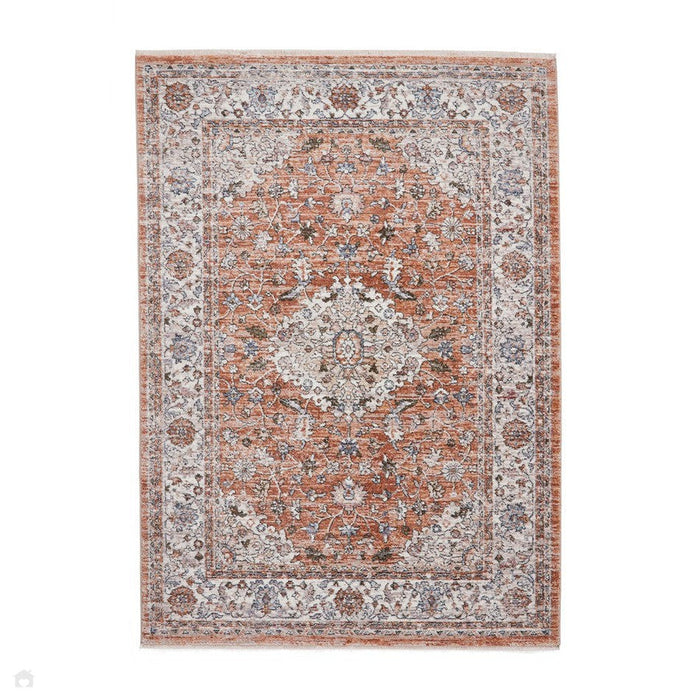 Tappeto vintage in terracotta soft-touch con bordo a medaglione Kashan invecchiato tradizionale 35013