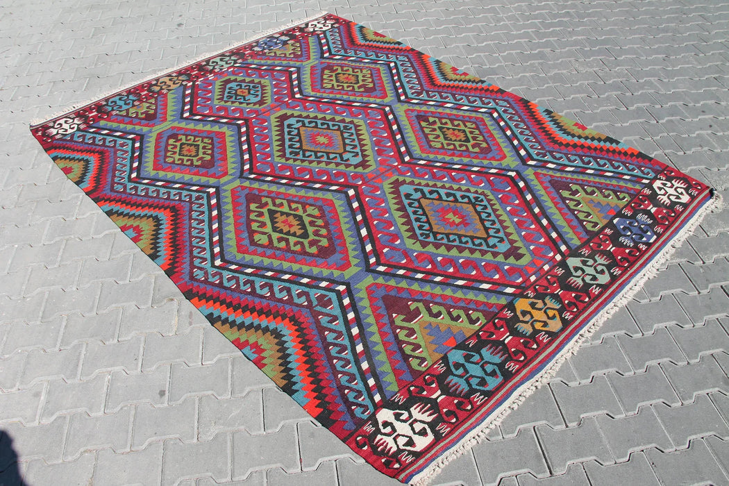 Vintage Anatolian Wool Rug 269cm x 206cm Red and Green