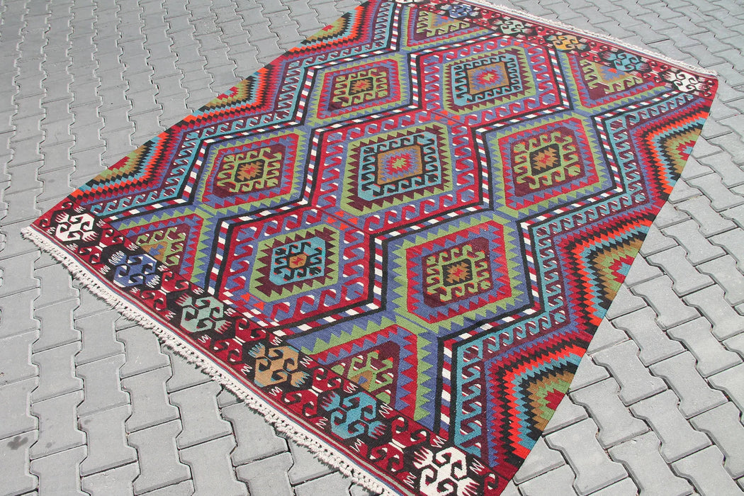 Vintage Anatolian Wool Rug 269cm x 206cm Red and Green