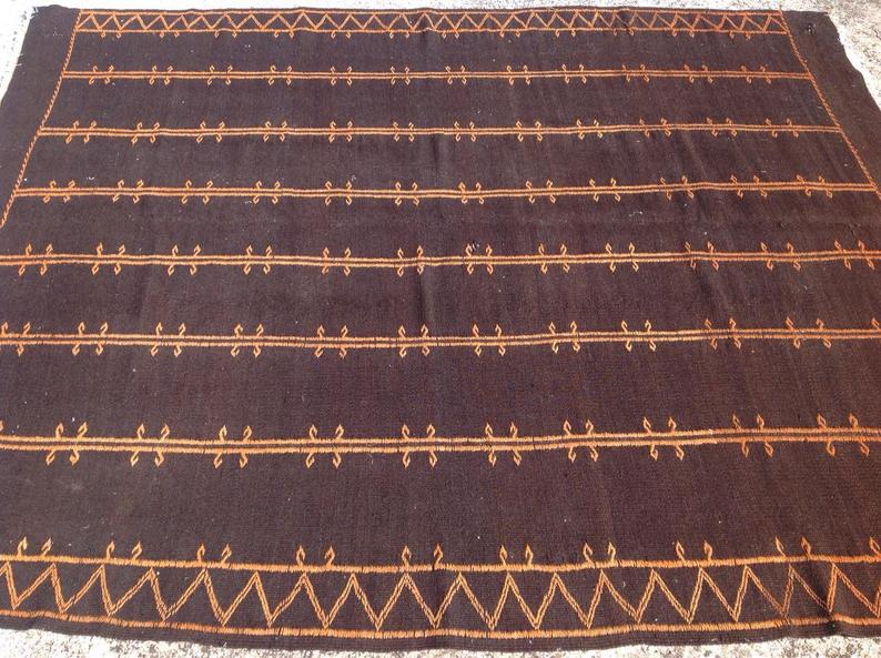 Vintage musta Kilim matto 277cm x 223cm käsinkudottu kalkkuna