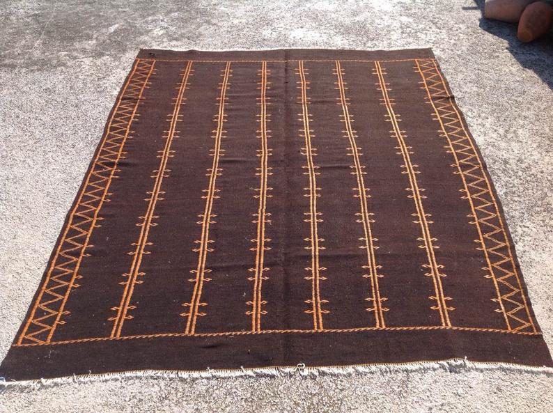 Vintage musta Kilim matto 277cm x 223cm käsinkudottu kalkkuna