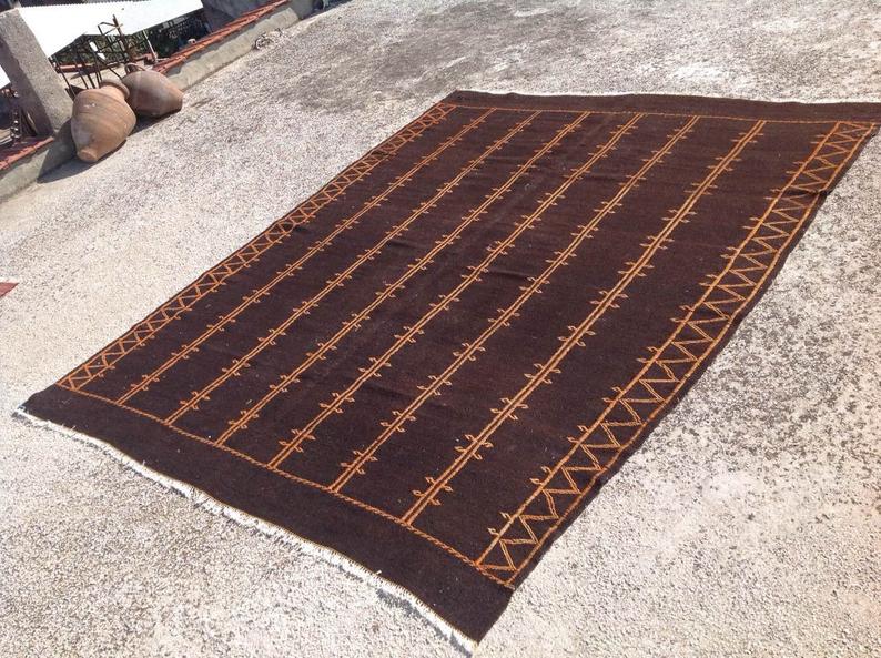 Vintage musta Kilim matto 277cm x 223cm käsinkudottu kalkkuna