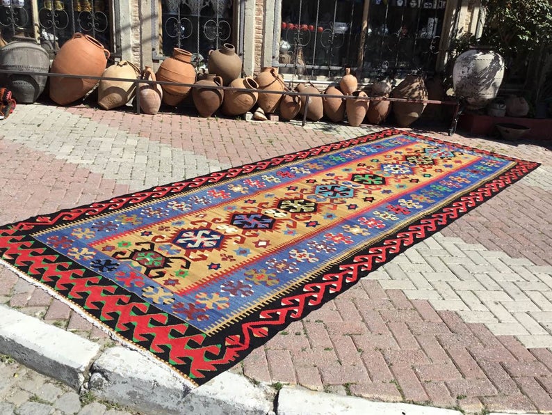 Vintage Blue Kilim Rug 507cm x 180cm Handmade Wool