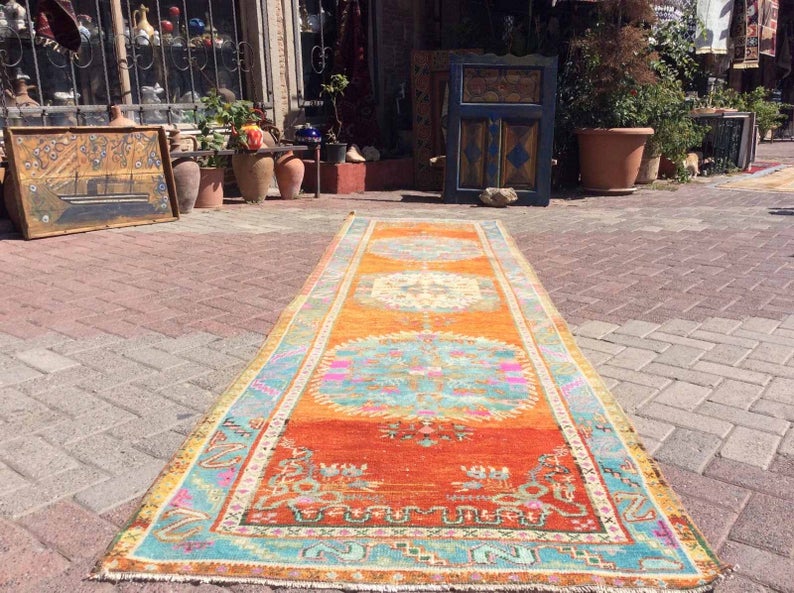 Vintage Hand Knotted Anatolian Wool Rug 366cm x 97cm