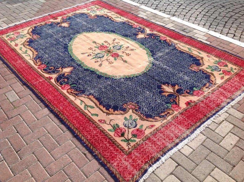 Vintage käsinsolmittu sininen villamatto 335cm x 231cm Turkista