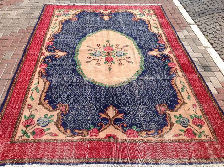 Vintage käsinsolmittu sininen villamatto 335cm x 231cm Turkista