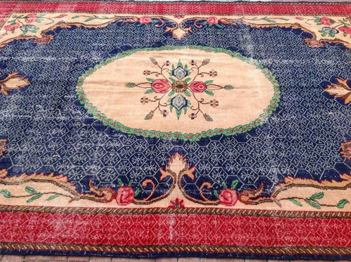 Tappeto vintage in lana blu annodato a mano 335 cm x 231 cm dalla Turchia