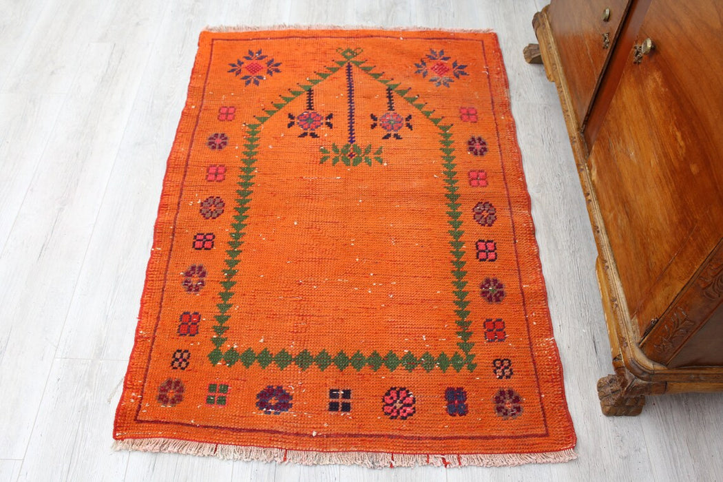 Vintage handgeknoopt oranje wollen vloerkleed 87 x 124 cm