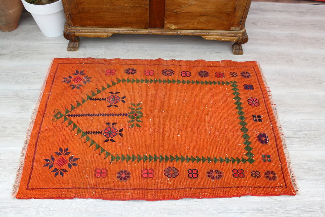 Vintage handgeknoopt oranje wollen vloerkleed 87 x 124 cm