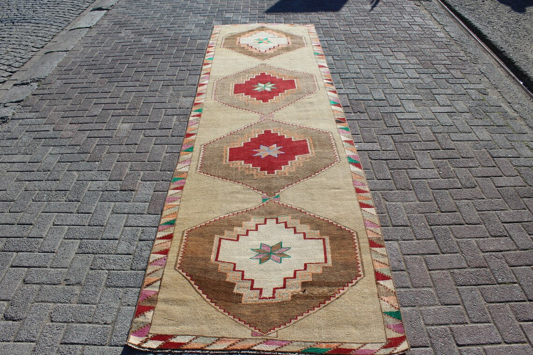 Vintage käsinsolmittu turkkilainen juoksumatto 116cm x 402cm