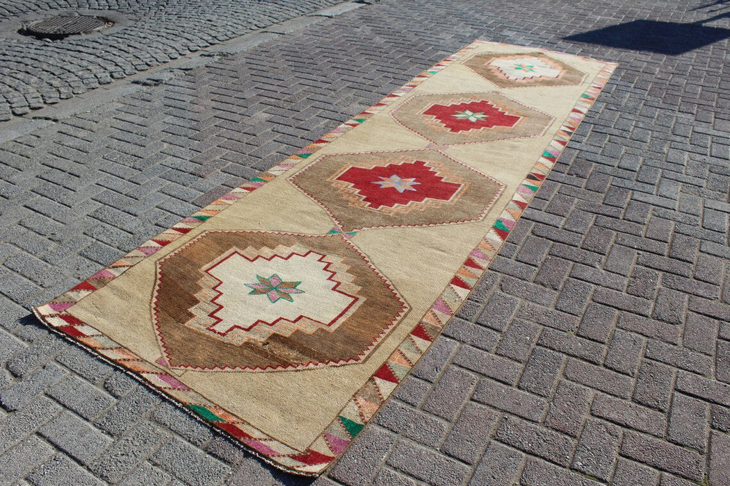 Vintage käsinsolmittu turkkilainen juoksumatto 116cm x 402cm