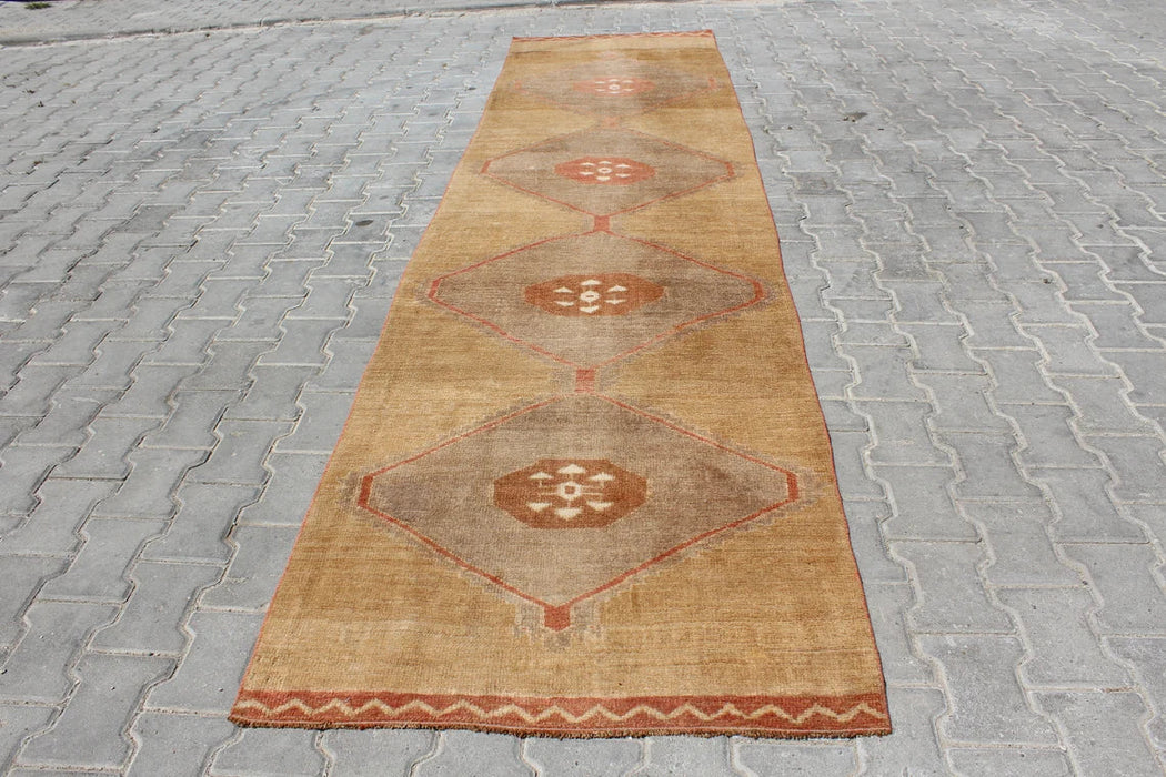 Vintage käsinsolmittu turkkilainen juoksumatto 375cm x 92cm