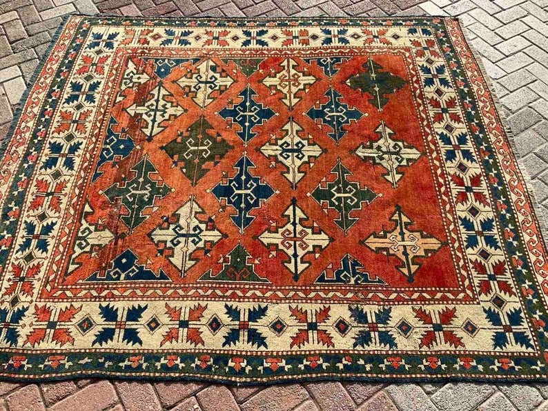 Vintage Hand Knotted Wool Rug 223x198 cm Turkish Design