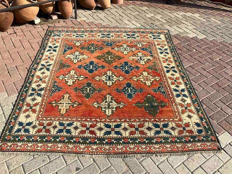 Vintage Hand Knotted Wool Rug 223x198 cm Turkish Design