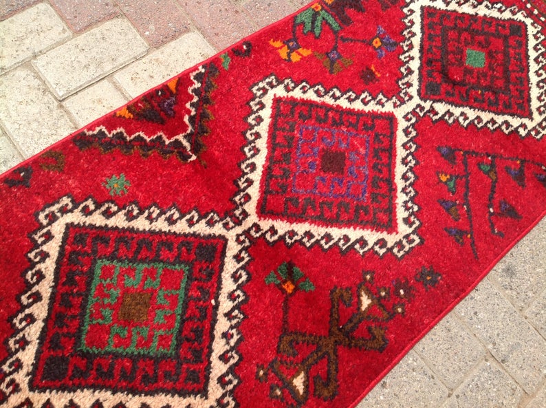 Vintage Hand Knotted Wool Rug 226cm x 63cm Made in Turkey