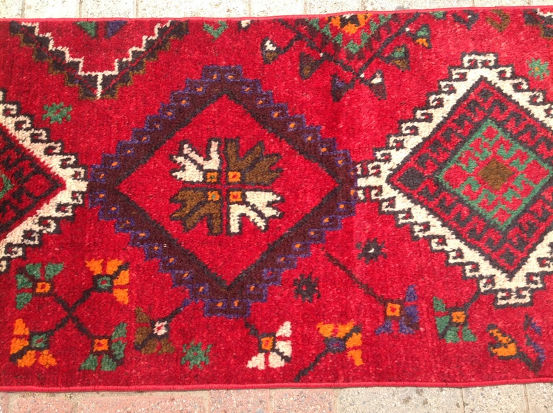 Vintage Hand Knotted Wool Rug 226cm x 63cm Made in Turkey