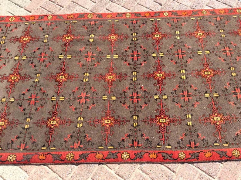 Vintage Hand Knotted Wool Rug 258 cm x 121 cm Turkish Design