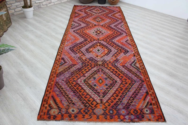 Vintage Handwoven Kilim 338cm x 141cm Wool Cotton