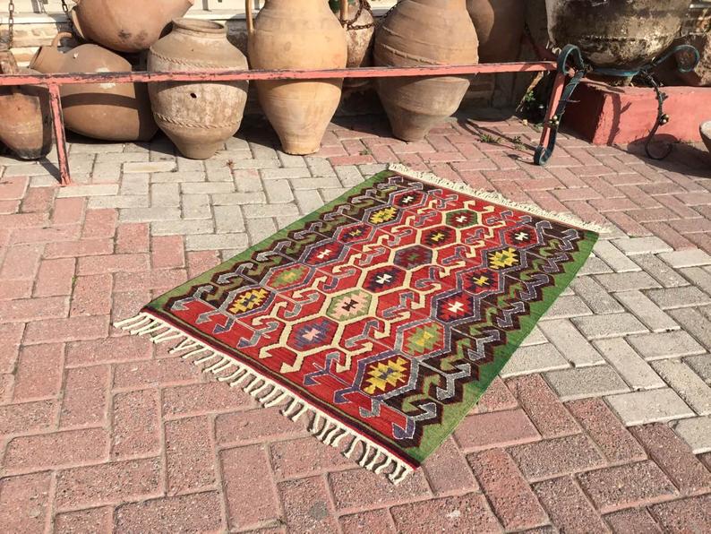 Vintage Käsinkudottu Kilim-matto 129 cm x 87 cm Villa Puuvilla