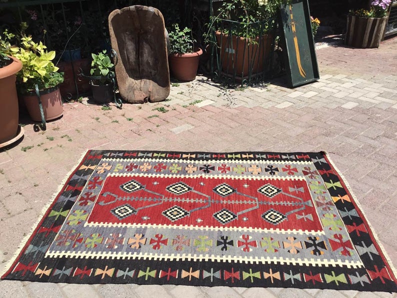 Vintage Handwoven Rug 163cm x 112cm Wool Cotton
