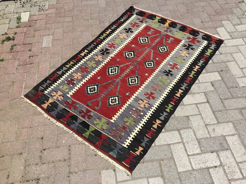 Vintage Handwoven Rug 163cm x 112cm Wool Cotton
