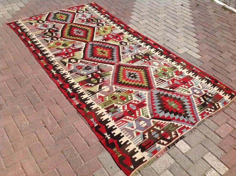 Vintage käsinkudottu matto 287cm x 152cm villapuuvilla