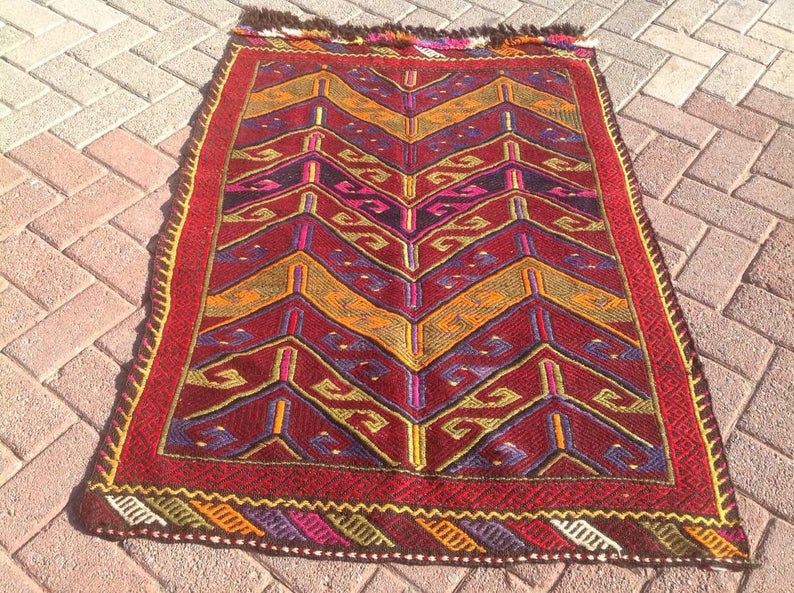 Vintage handgeweven Tribal Kelim-tapijt 129cm x 91cm wol-katoen