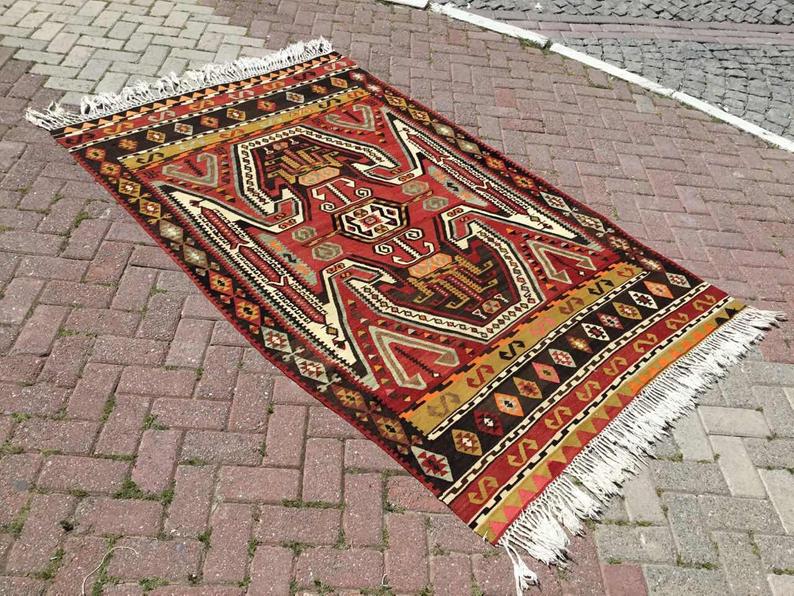 Vintage käsinkudottu turkkilainen matto 221cm x 140cm villapuuvilla