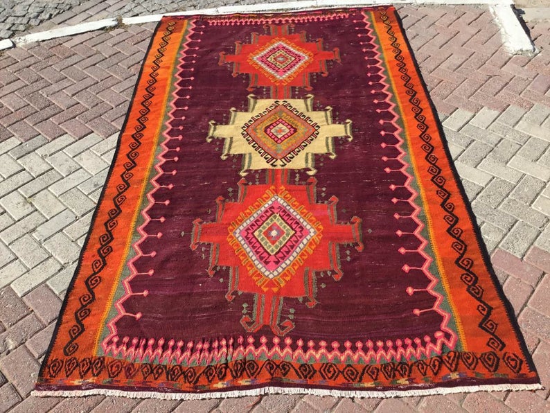 Vintage Handwoven Τουρκικό χαλί 288cm x 173cm βαθιά μωβ