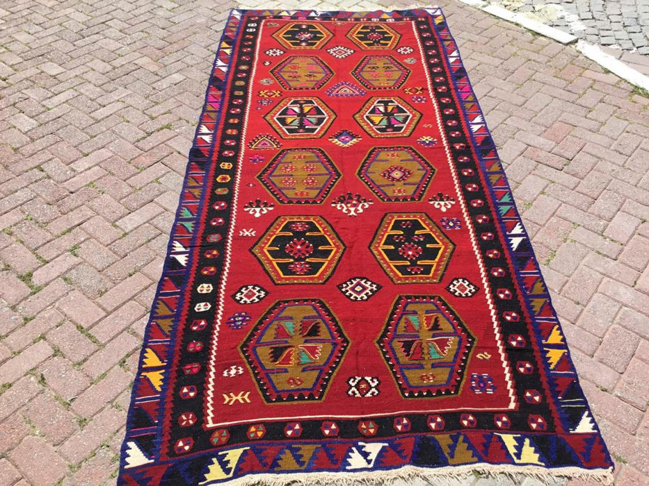 Vintage käsinkudottu turkkilainen matto 324cm x 143cm villapuuvilla