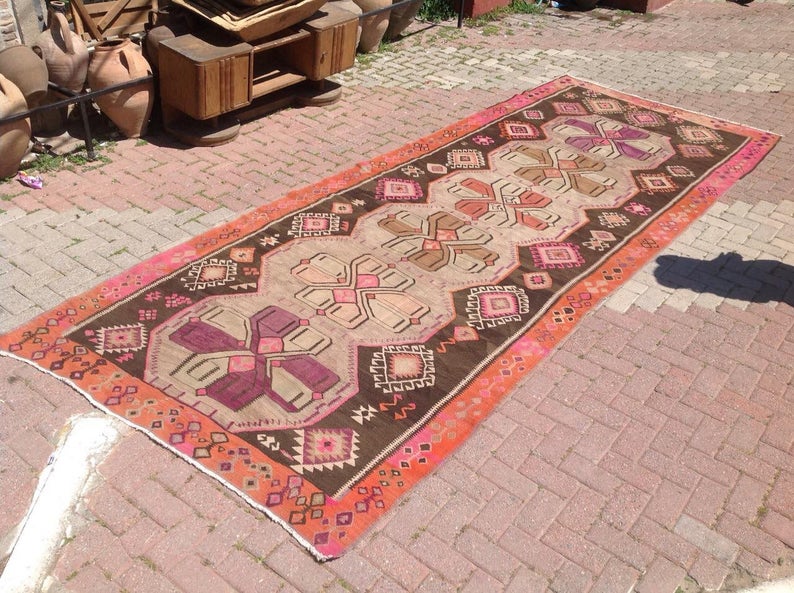 Vintage Handwoven Turkish Rug 457cm x 173cm Pink Black