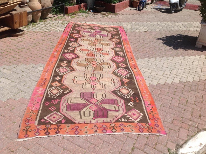 Vintage Handwoven Turkish Rug 457cm x 173cm Pink Black