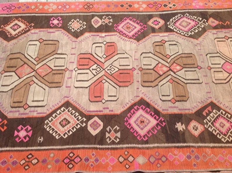 Vintage Handwoven Turkish Rug 457cm x 173cm Pink Black