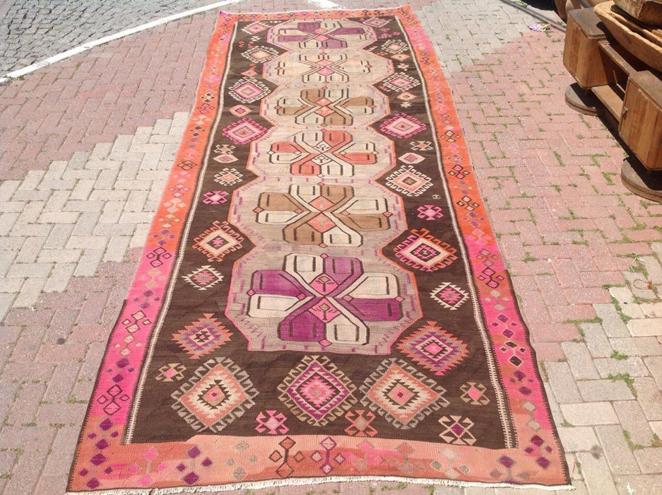 Vintage Handwoven Turkish Rug 457cm x 173cm Pink Black