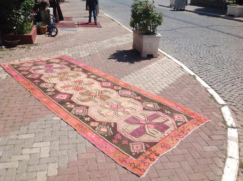 Vintage Handwoven Turkish Rug 457cm x 173cm Pink Black