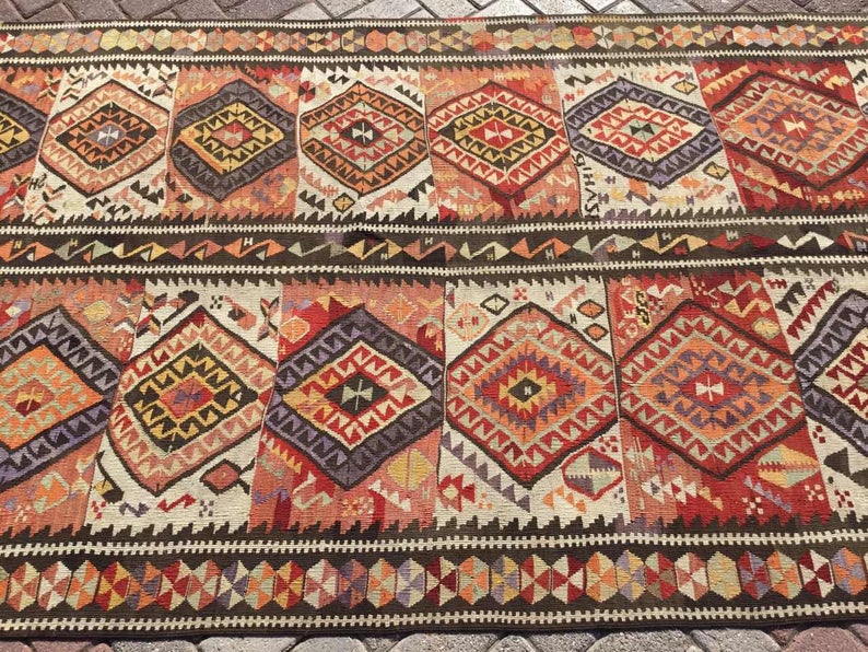 Vintage Handwoven Wool Rug 330cm x 142cm Unique Design
