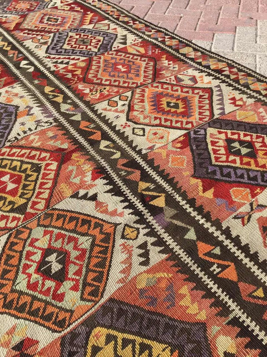Vintage Handwoven Wool Rug 330cm x 142cm Unique Design