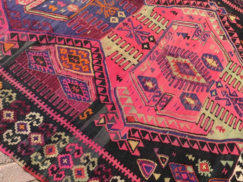 Vintage Handwoven Wool Rug 370cm x 188cm Pink Black Design