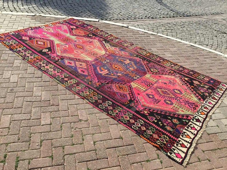 Vintage Handwoven Wool Rug 370cm x 188cm Pink Black Design