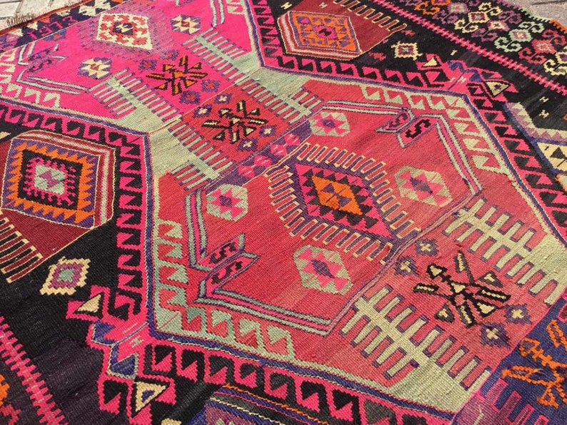 Vintage Handwoven Wool Rug 370cm x 188cm Pink Black Design