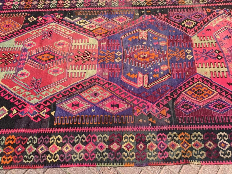 Vintage Handwoven Wool Rug 370cm x 188cm Pink Black Design