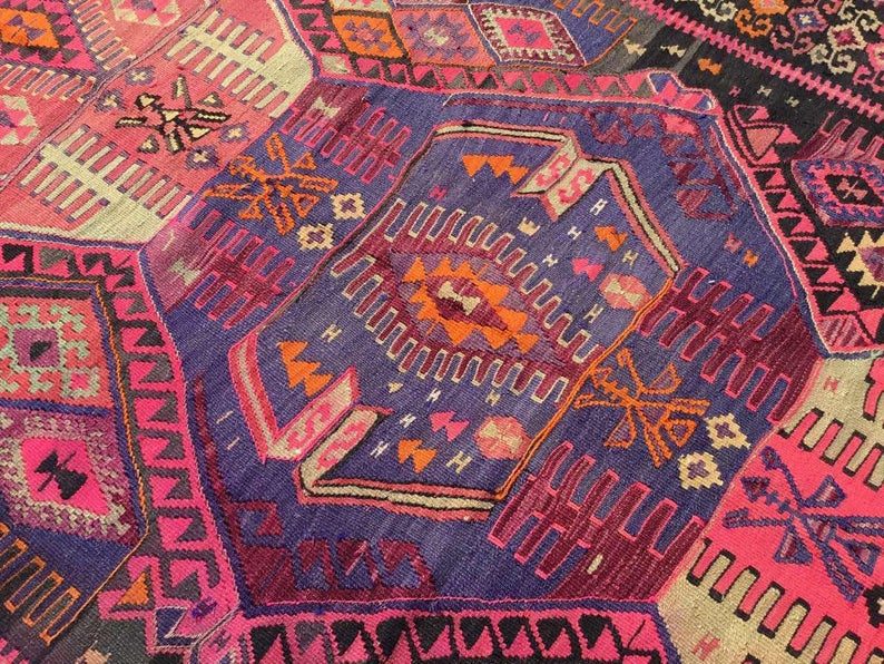 Vintage Handwoven Wool Rug 370cm x 188cm Pink Black Design