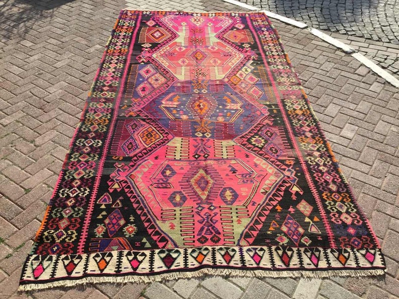 Vintage Handwoven Wool Rug 370cm x 188cm Pink Black Design