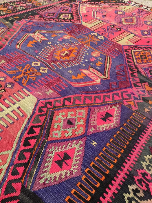 Vintage Handwoven Wool Rug 370cm x 188cm Pink Black Design