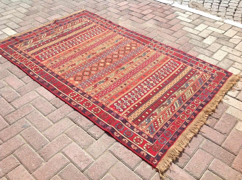 Vintage Handwoven Wool Sumak Kilim Rug 193cm x 120.5cm